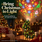 Merrilume Christmas tree projector lighting up a living room with festive patterns