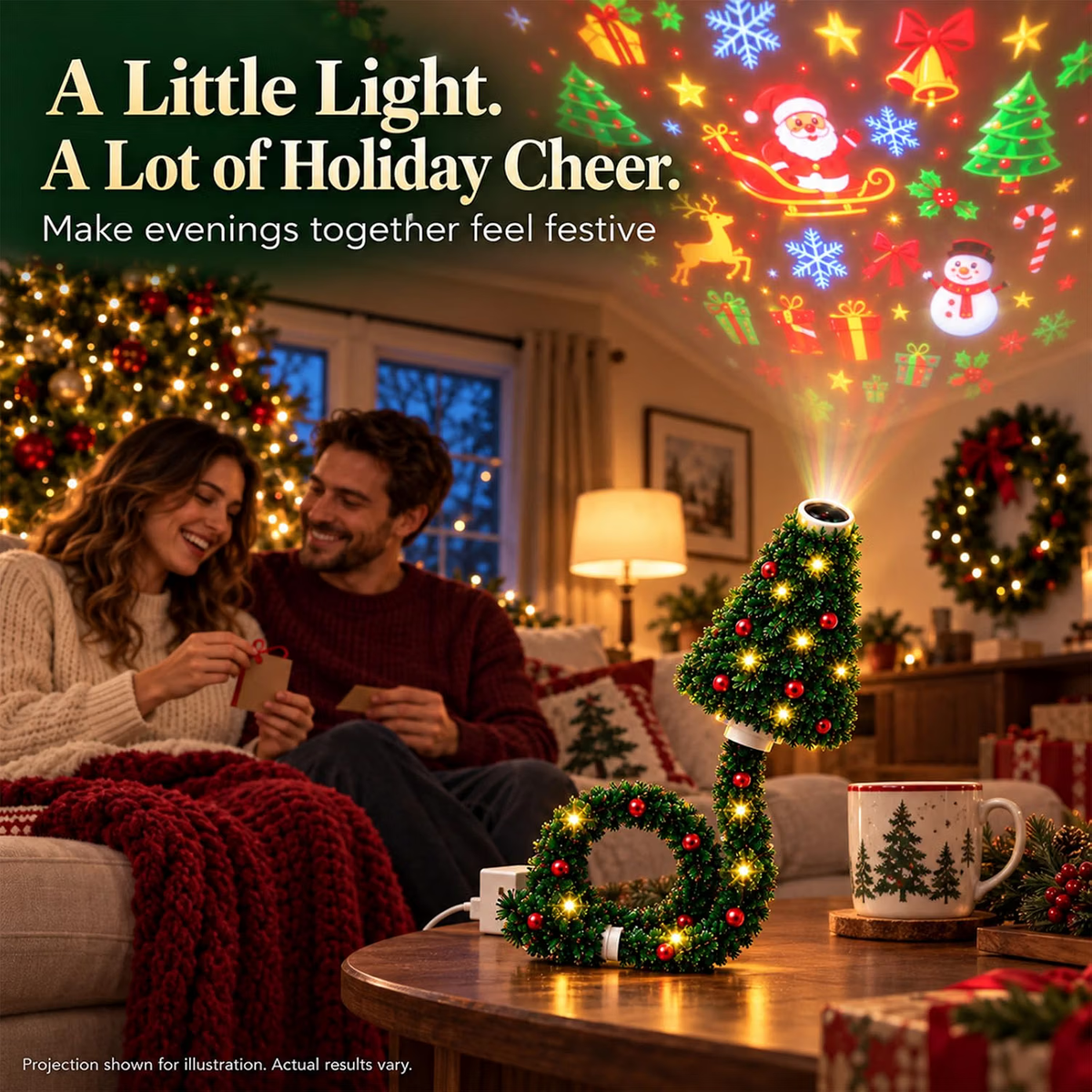 Couple enjoying the Merrilume projector on a cozy Christmas evening