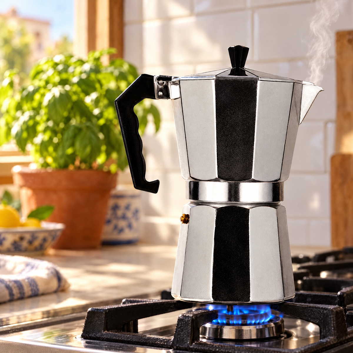 Dolce Mattina Italian Moka Pot in Classic Silver, brewing on a gas stove