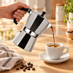 Dolce Mattina Italian Moka Pot in Classic Silver, pouring espresso into a cup