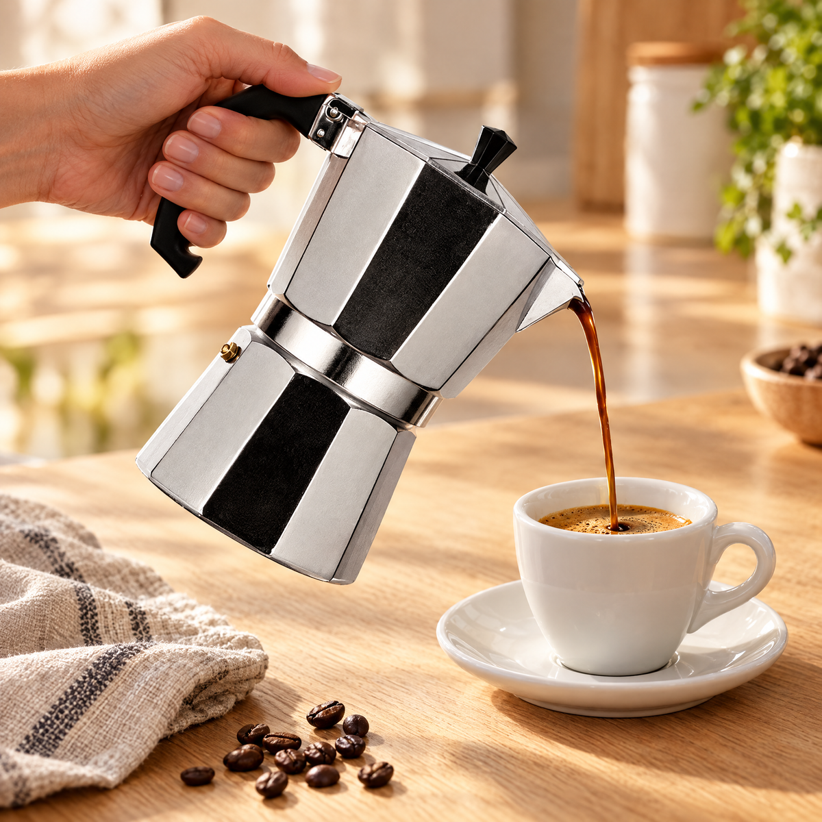 Dolce Mattina Italian Moka Pot in Classic Silver, pouring espresso into a cup