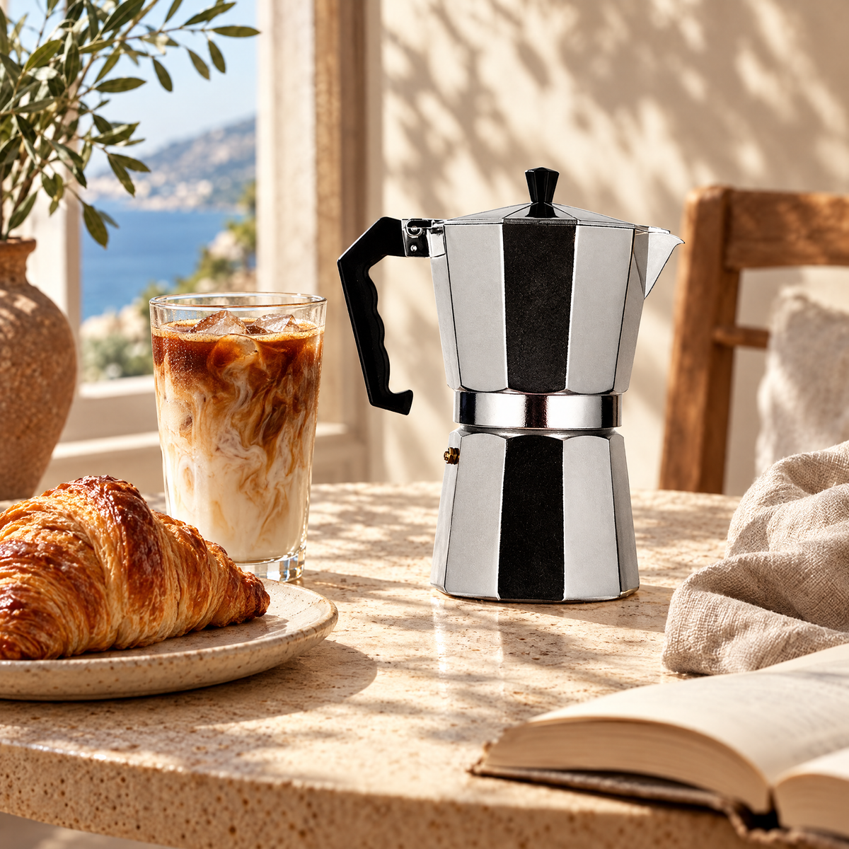 Dolce Mattina Italian Moka Pot in Classic Silver, with an iced latte and croissant