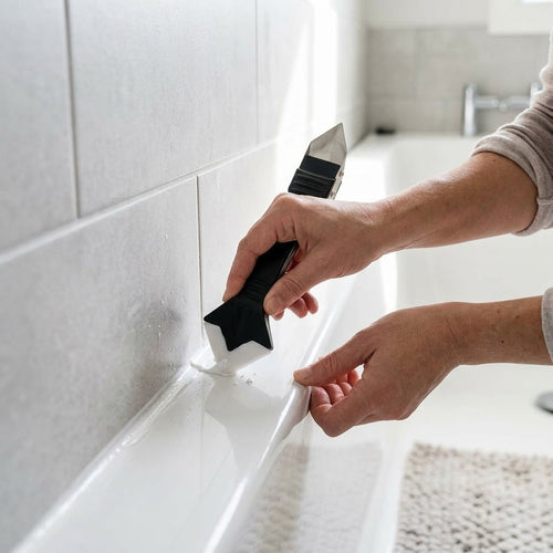 Smoothing a fresh caulk line along a bathtub with the CaulkSmooth tool