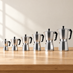 Dolce Mattina Italian Moka Pot in Classic Silver, all six sizes from 1 to 12 cups