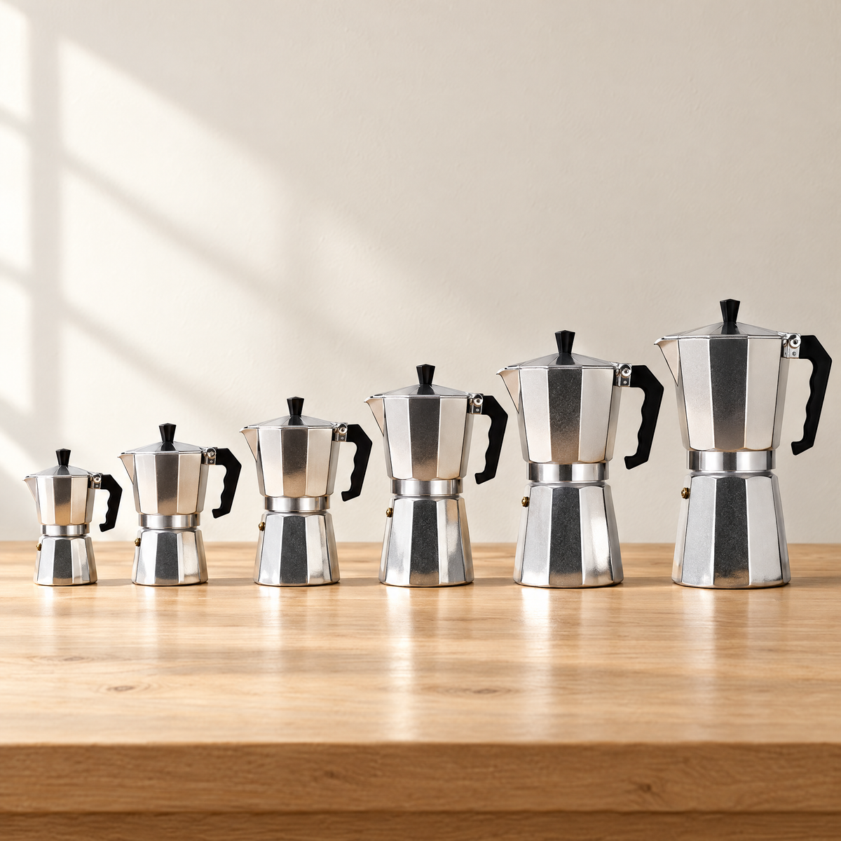 Dolce Mattina Italian Moka Pot in Classic Silver, all six sizes from 1 to 12 cups