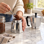 Dolce Mattina Italian Moka Pot in Classic Silver, filling the funnel with ground coffee