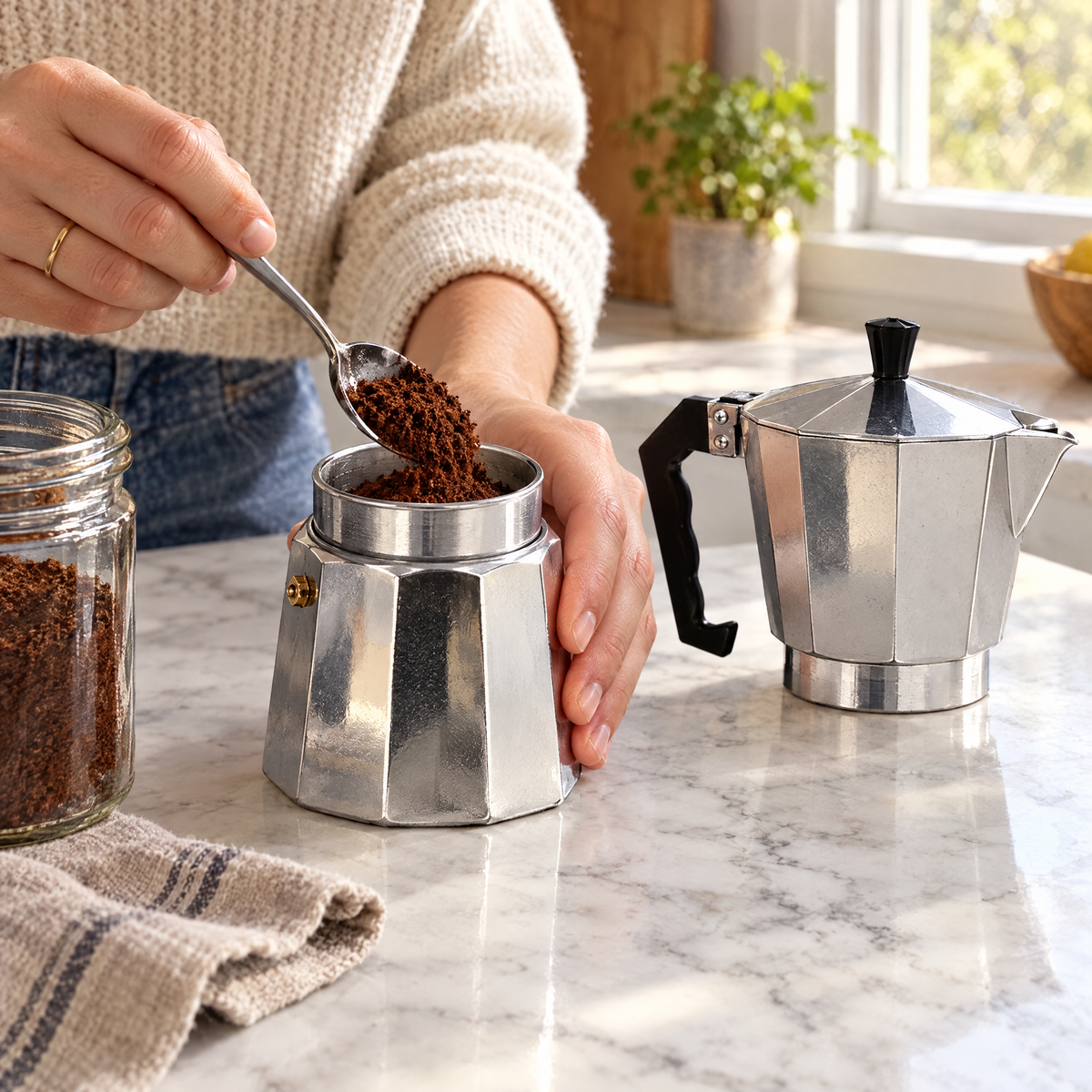 Dolce Mattina Italian Moka Pot in Classic Silver, filling the funnel with ground coffee