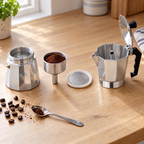 Dolce Mattina Italian Moka Pot in Classic Silver, taken apart to show each part