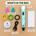 What's in the box: 3D pen, 3 filament rolls, pen stand, 2 finger guards, USB cable, instructions