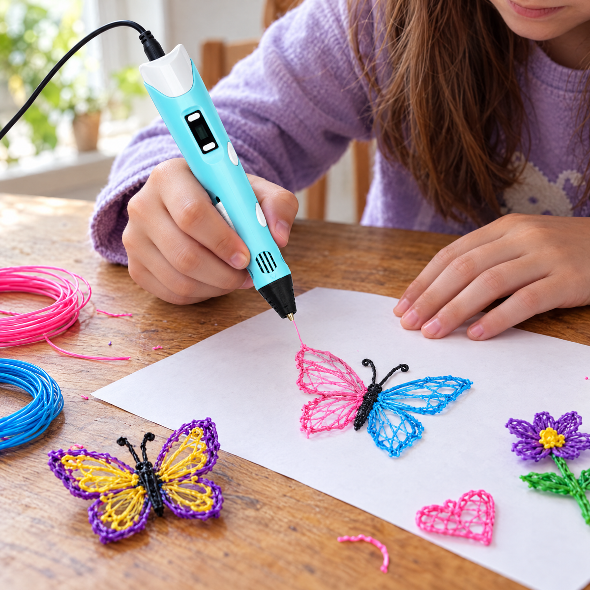 Child drawing a 3D butterfly with the DoodleRise 3D pen