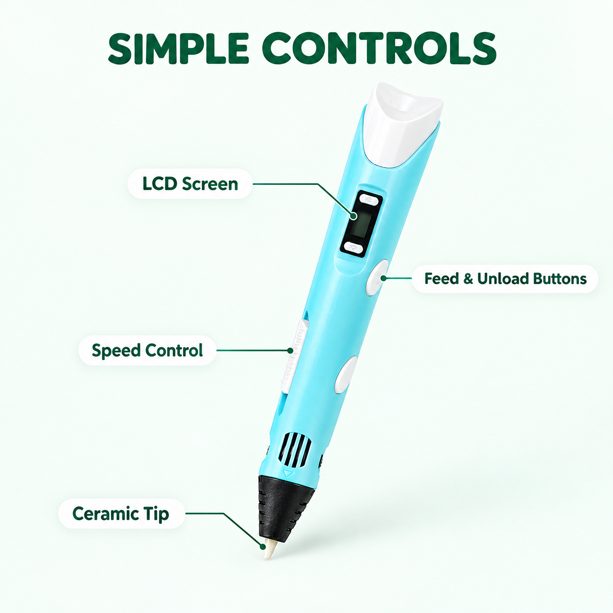 Simple controls: LCD screen, feed and unload buttons, speed control, ceramic tip