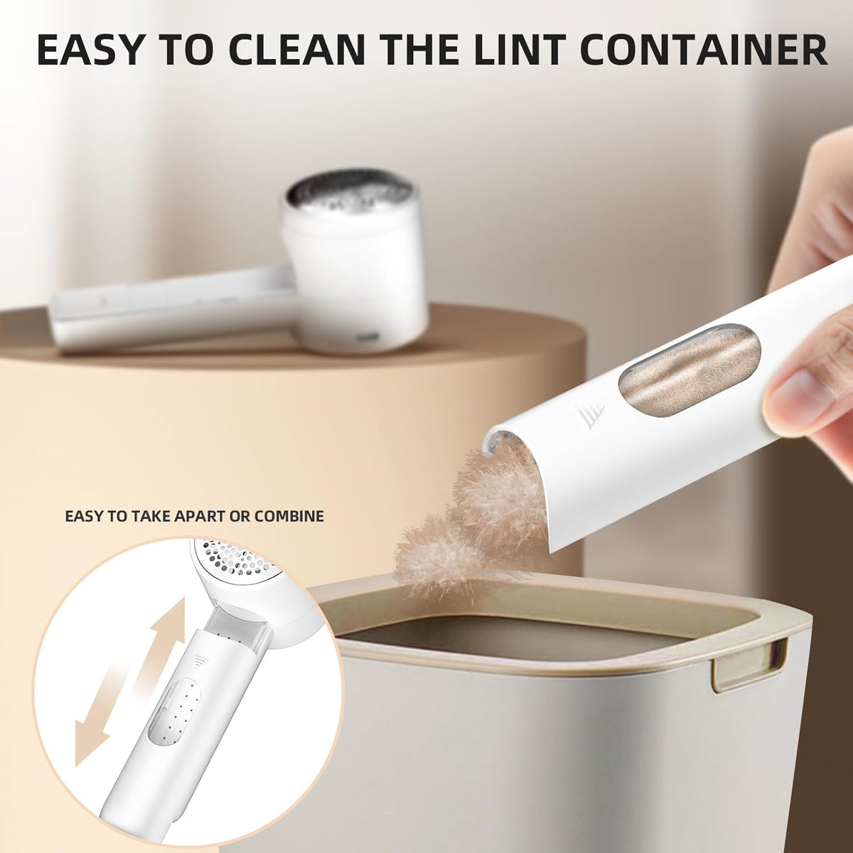 Emptying the lint container of the white FuzzAway