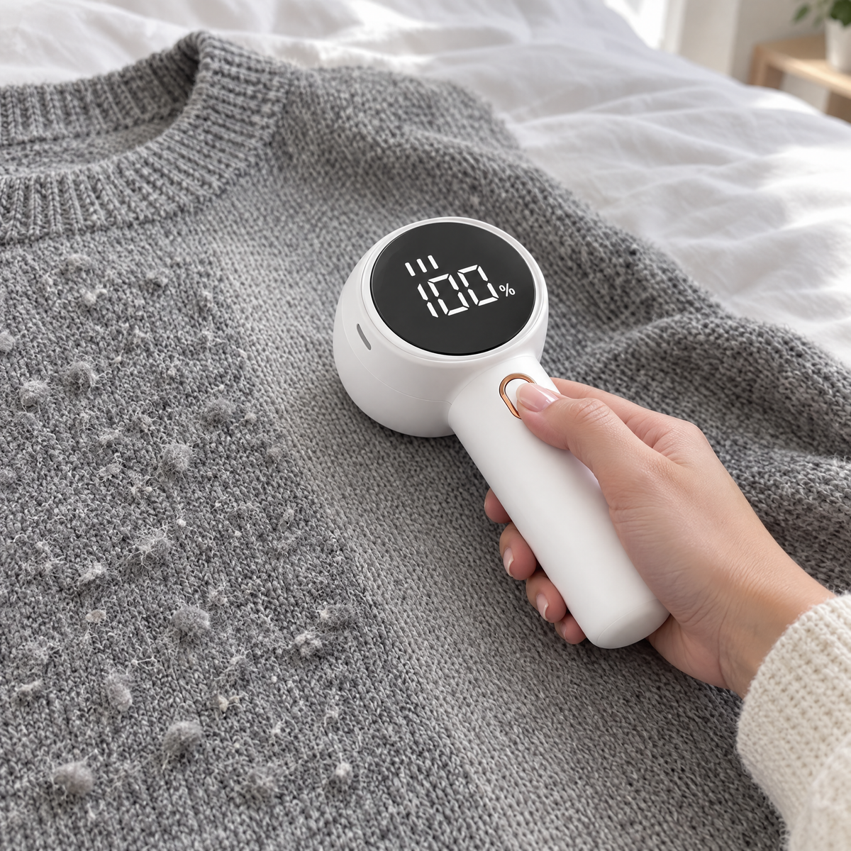 White FuzzAway removing pilling from a grey knit sweater