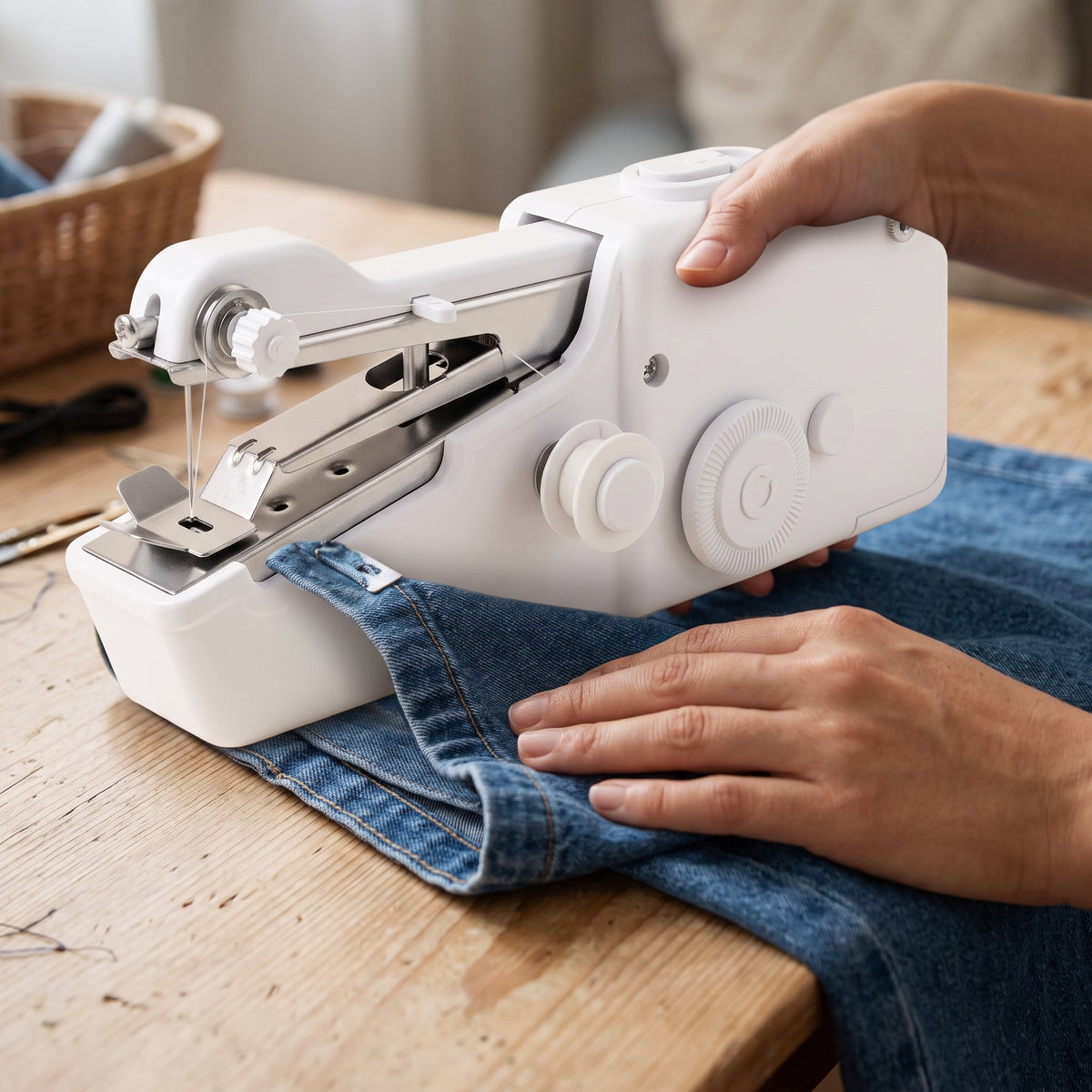 Hand holding the handheld sewing machine while hemming blue jeans
