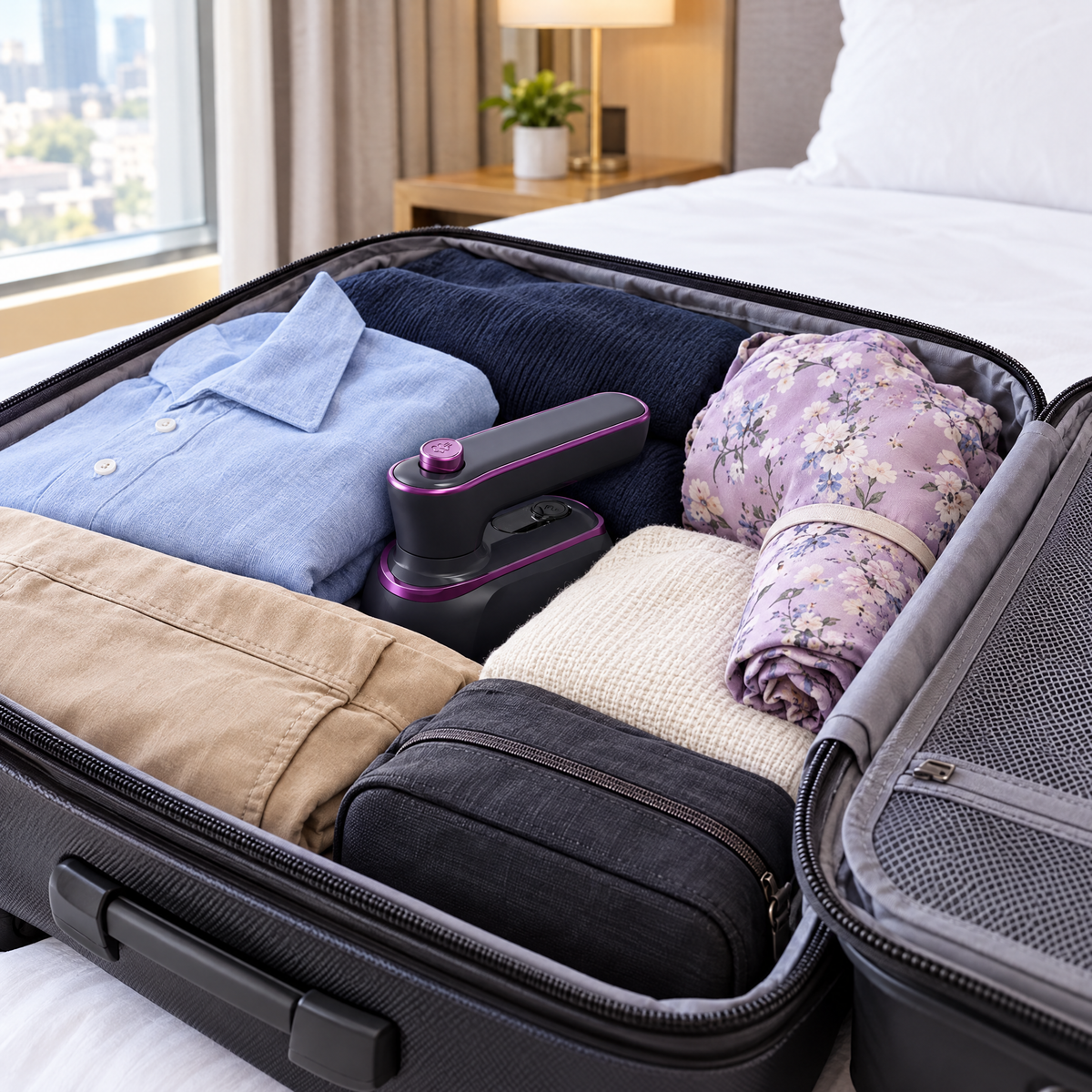 CreaseAway steam iron packed in a carry-on suitcase