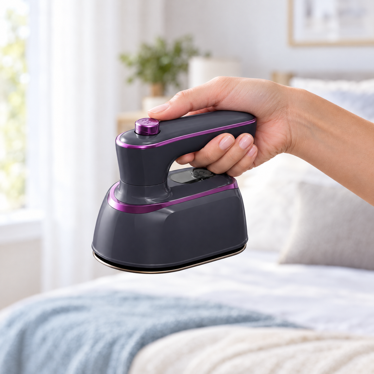 CreaseAway steam iron held by its handle in one hand