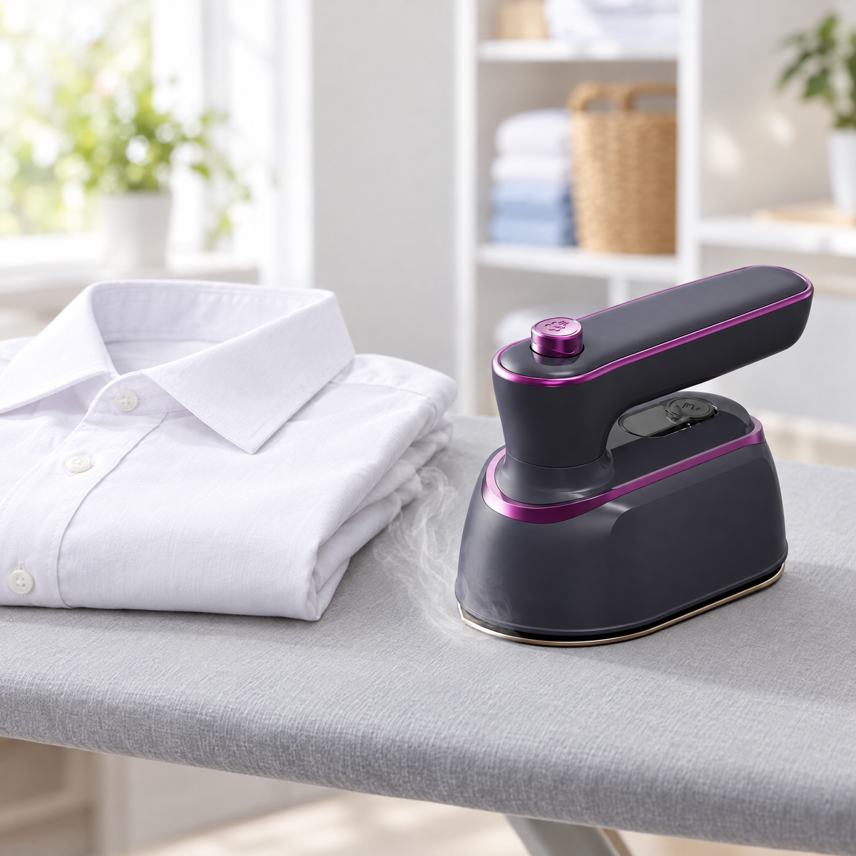 CreaseAway portable steam iron on an ironing board next to a folded shirt