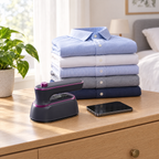 CreaseAway steam iron next to a stack of pressed shirts