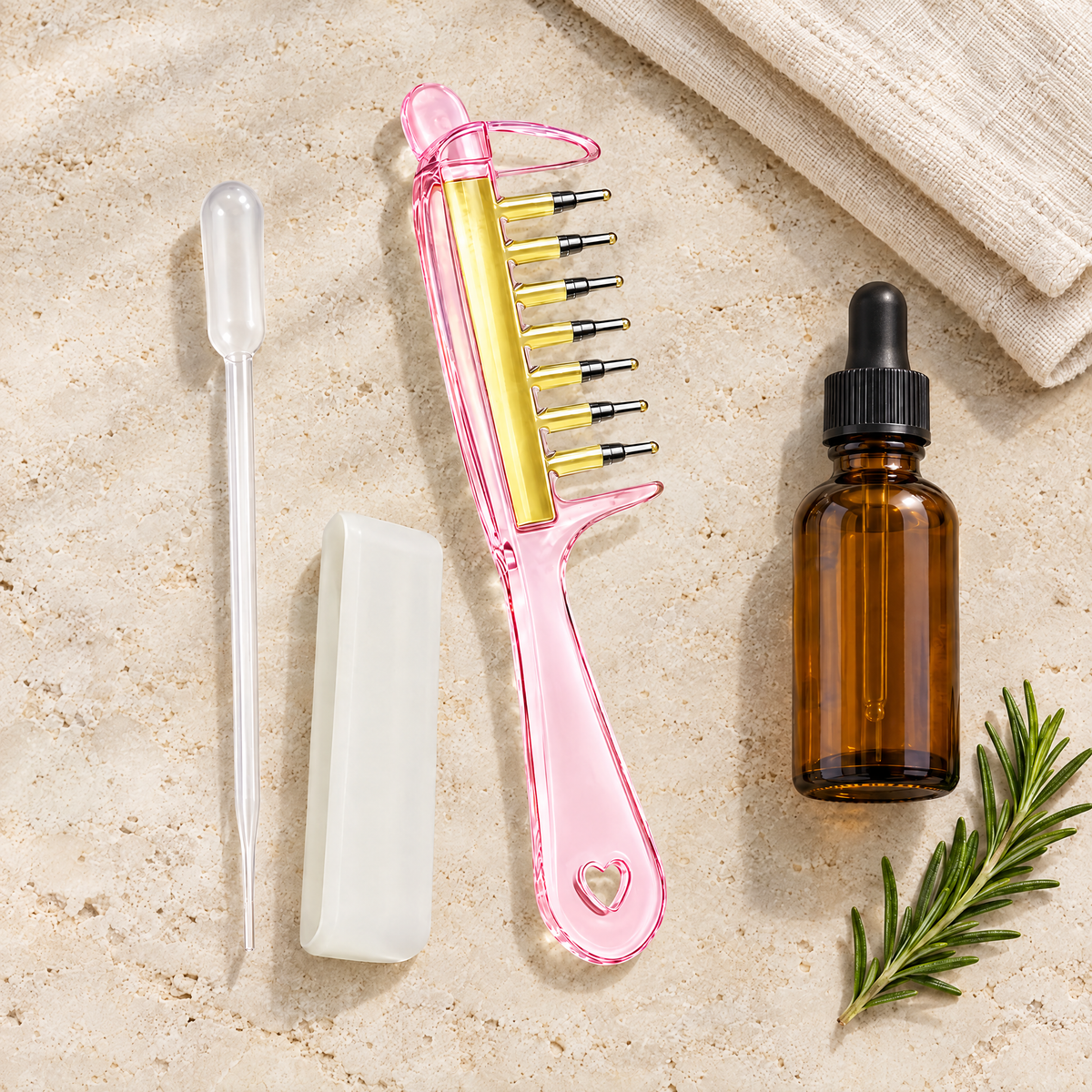 Pink RootGlide with silicone tip cover, dropper and hair oil