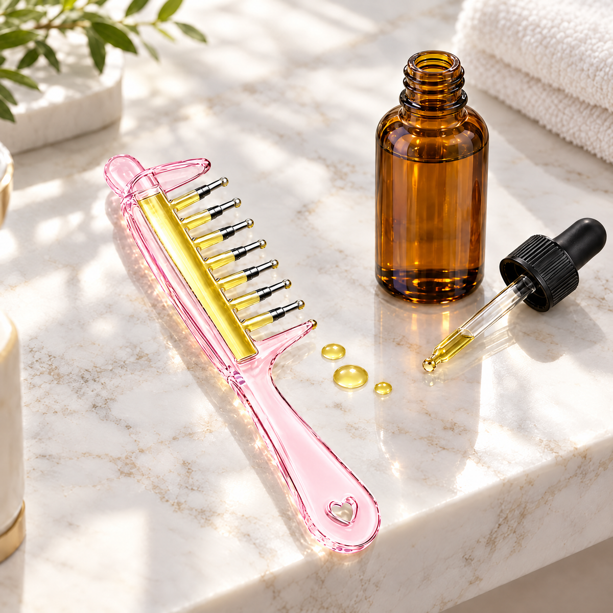 Pink RootGlide on a marble counter with hair oil
