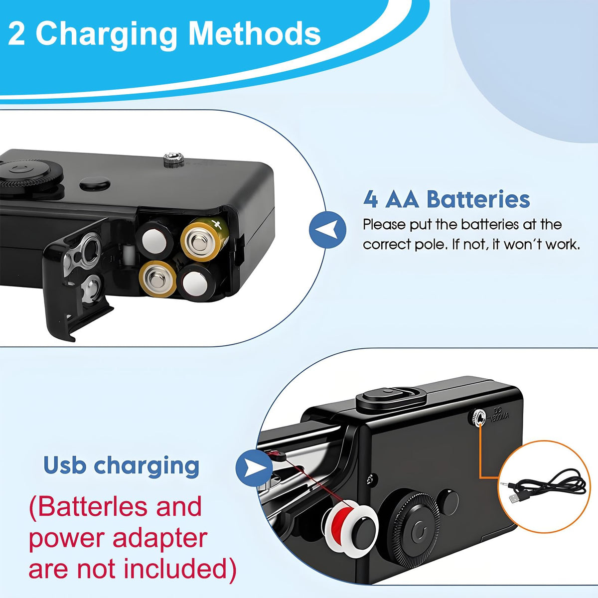 Two ways to power the handheld sewing machine: USB cable or 4 AA batteries