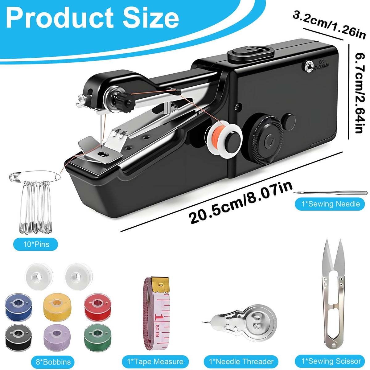 Handheld sewing machine size guide: 8.07 in long, 2.64 in tall, 1.26 in wide
