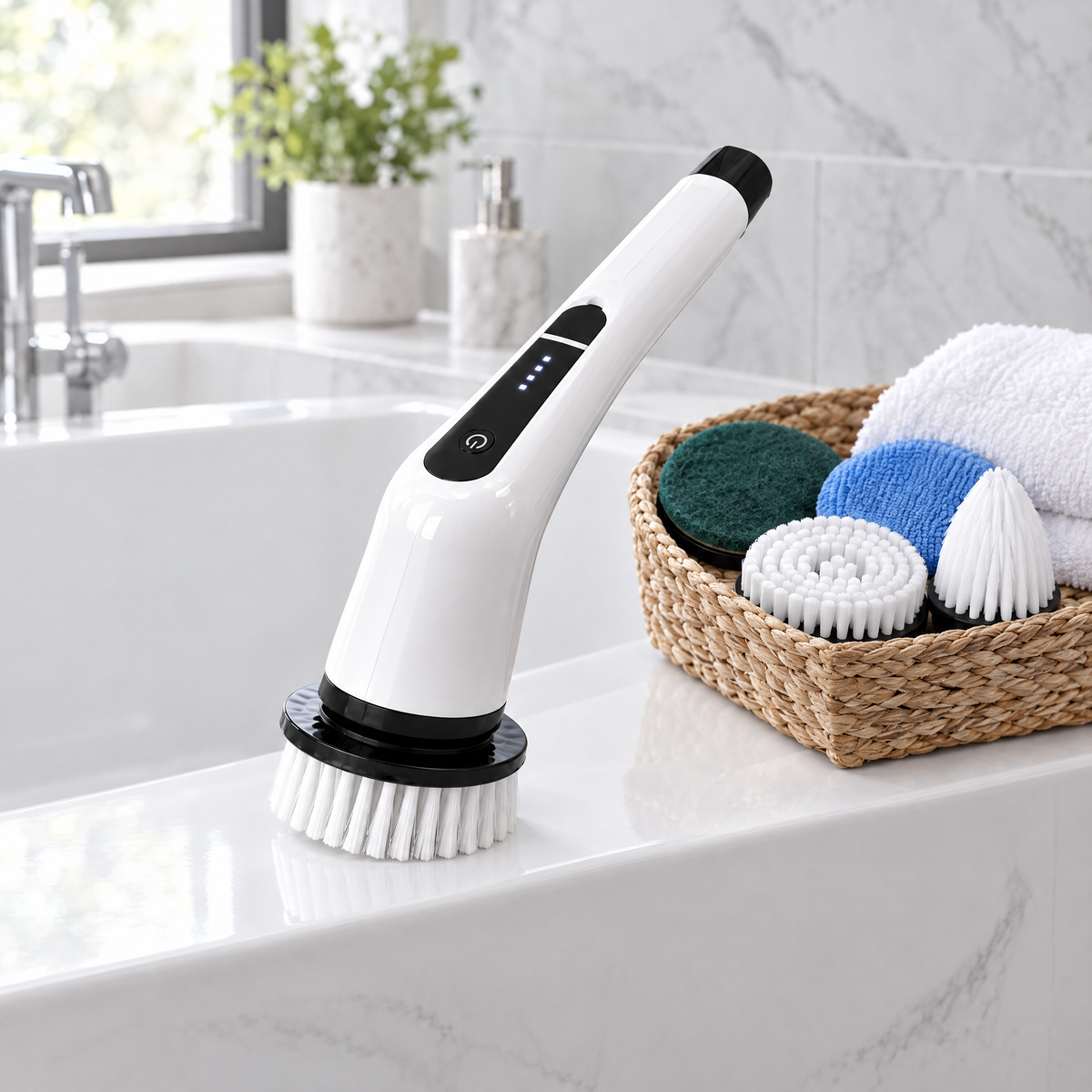 ShineSpin handheld spin scrubber on a bathtub edge with a basket of brush heads