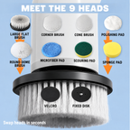 ShineSpin spin scrubber with its 9 swappable brush heads and pads