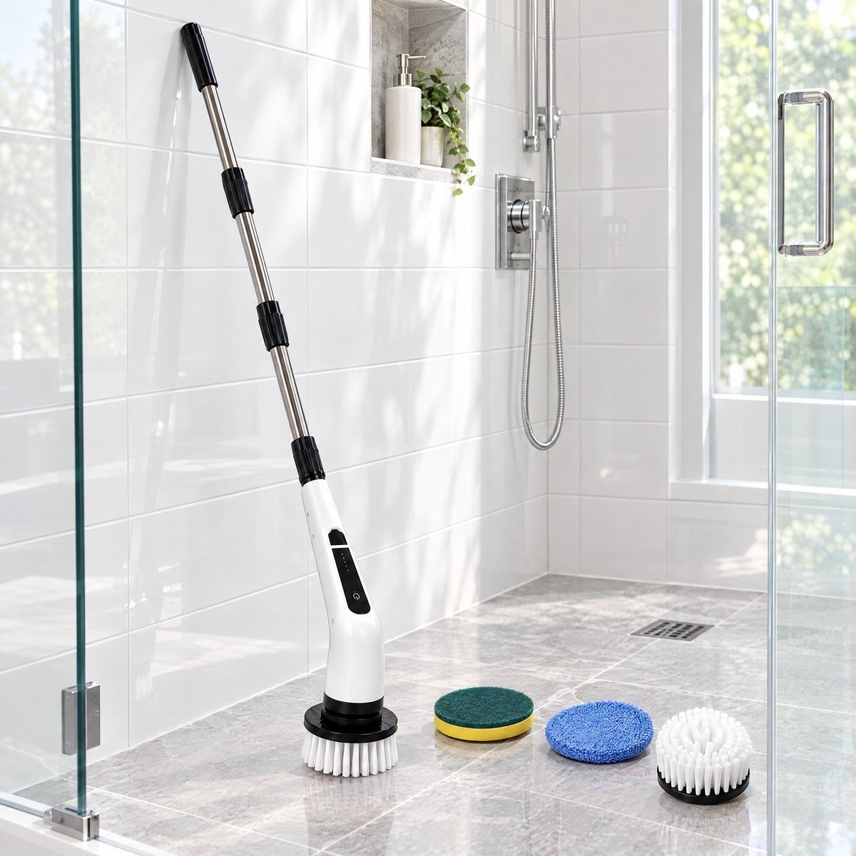 ShineSpin spin scrubber with extension pole in a clean walk-in shower