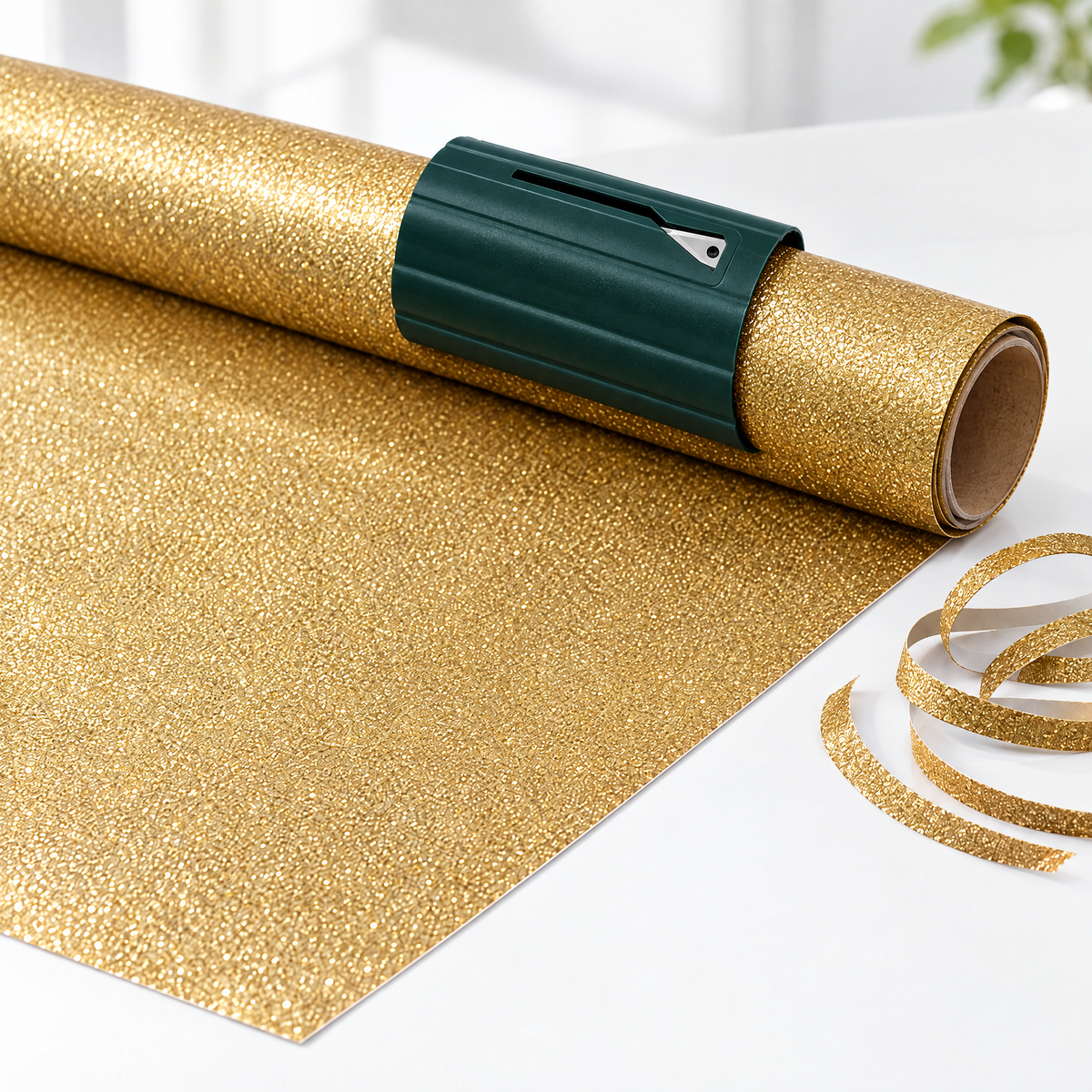 Green SnapCut on gold glitter paper with a clean cut edge