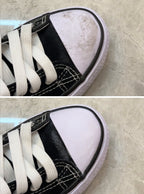 Real before and after: scuffed canvas toe cap and the same toe cap bright white after cleaning