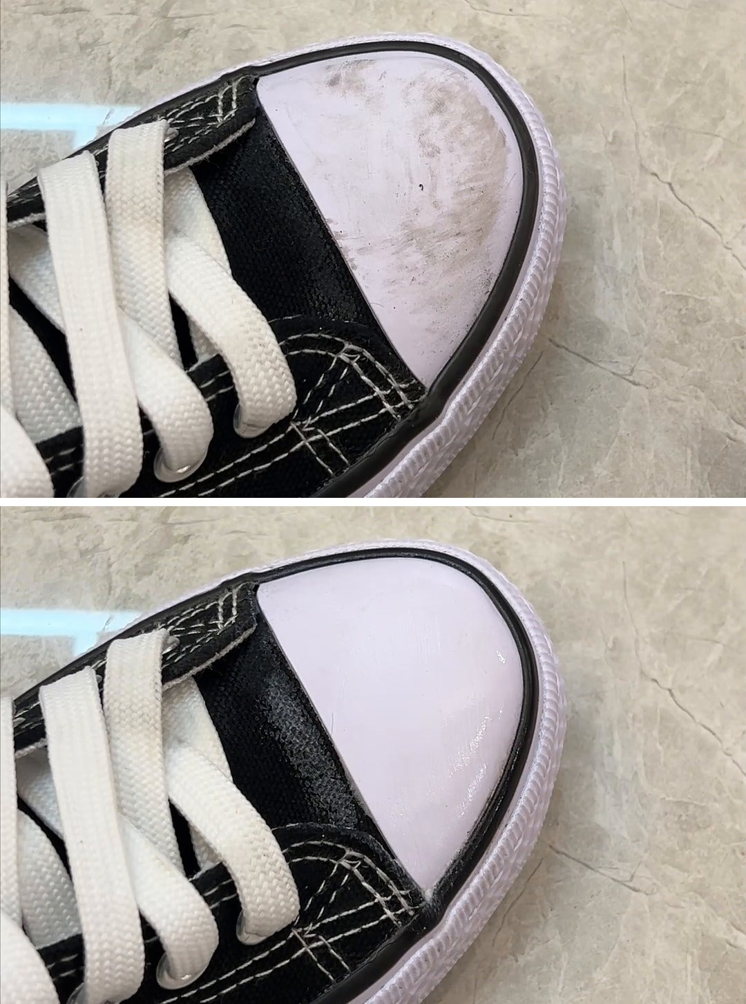 Real before and after: scuffed canvas toe cap and the same toe cap bright white after cleaning