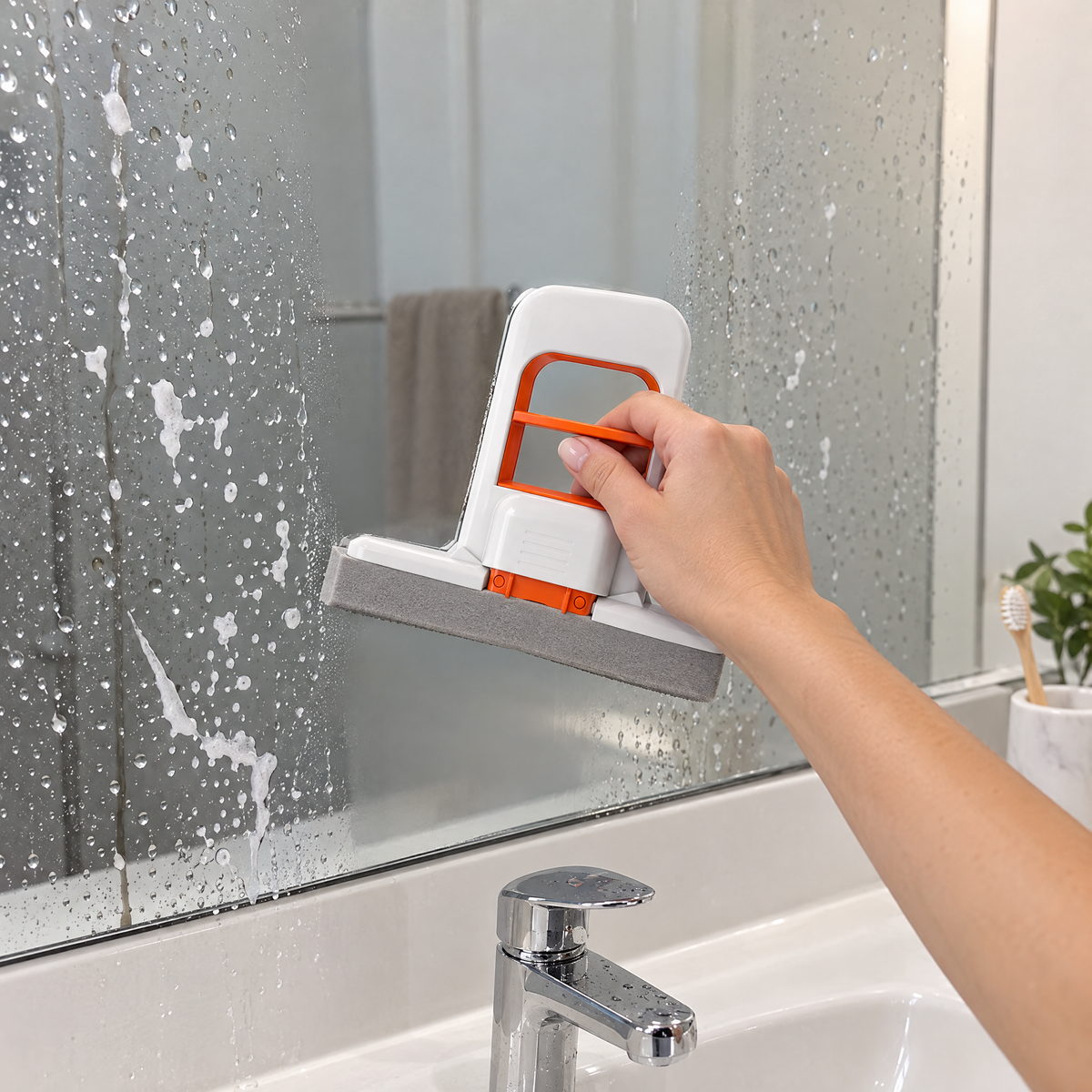 Wiping splashes off a bathroom mirror