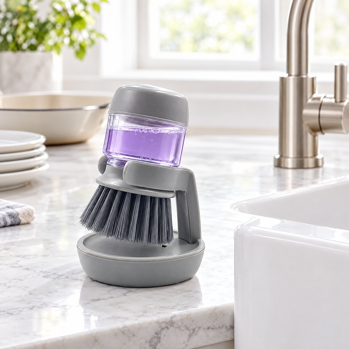 SudsPress dish brush filled with soap on a kitchen counter