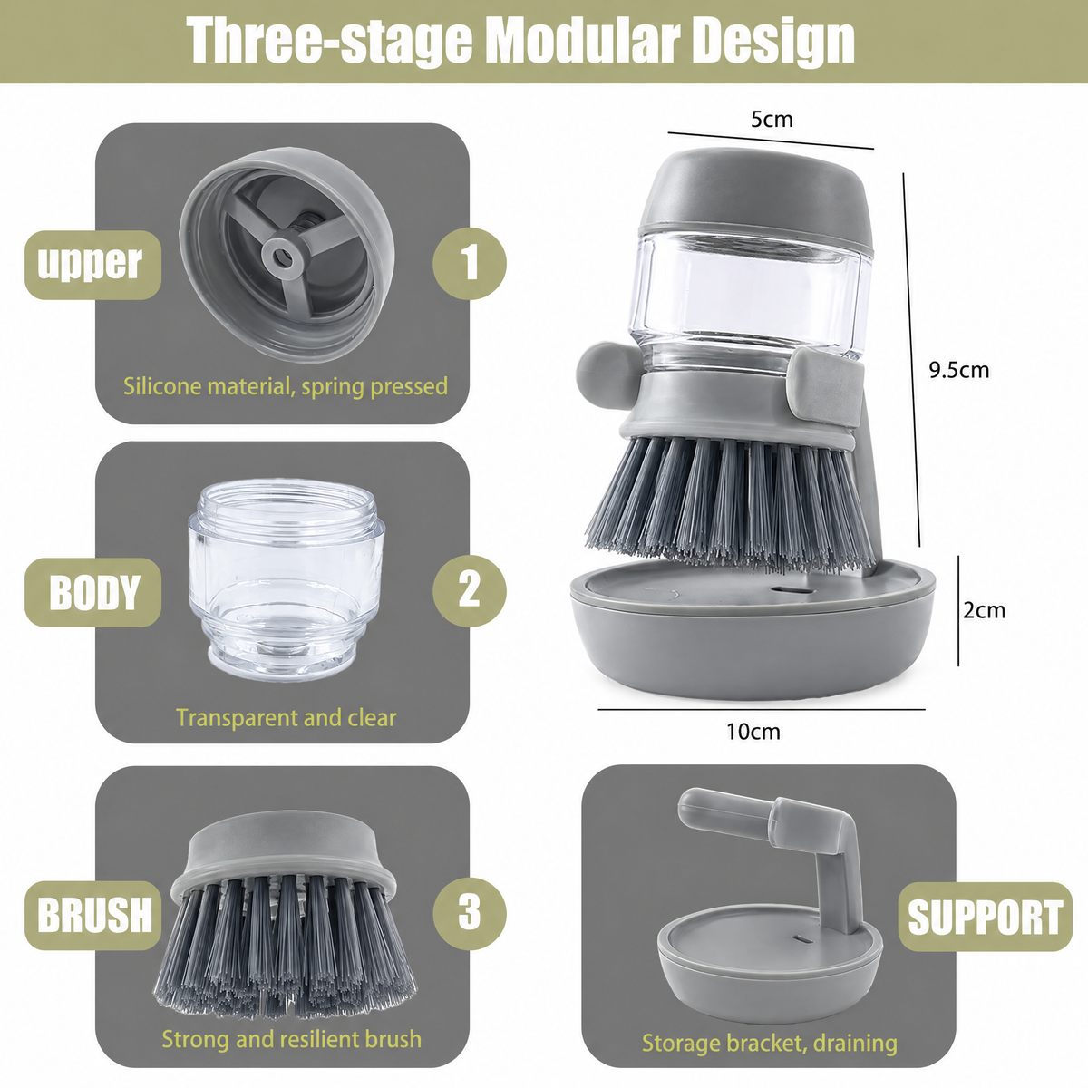SudsPress parts and size: 9.5 cm tall, 10 cm stand
