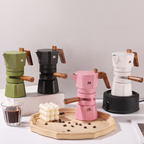 ThermaCrema moka pots in green, black, pink and white