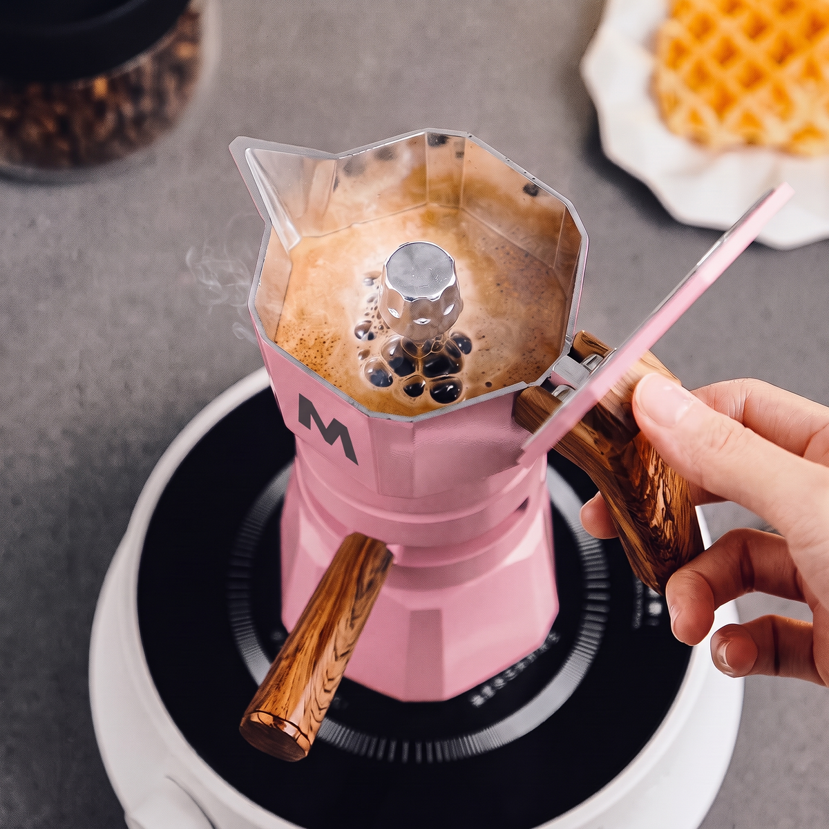 Coffee with crema brewing in the pink ThermaCrema