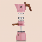 Pink ThermaCrema parts: upper pot, filter, thermostat ring and base