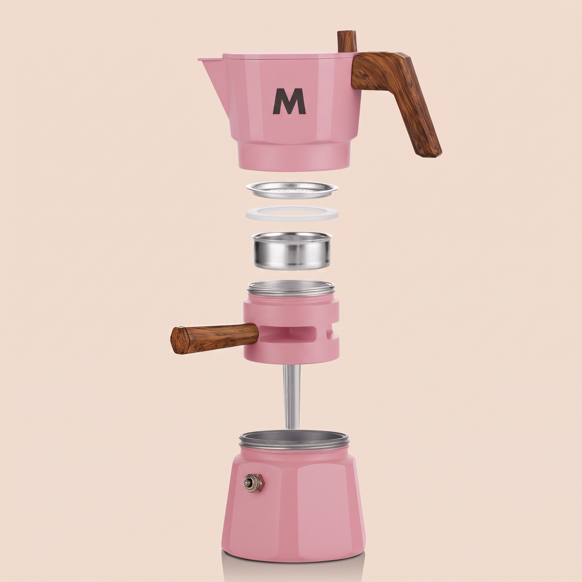 Pink ThermaCrema parts: upper pot, filter, thermostat ring and base